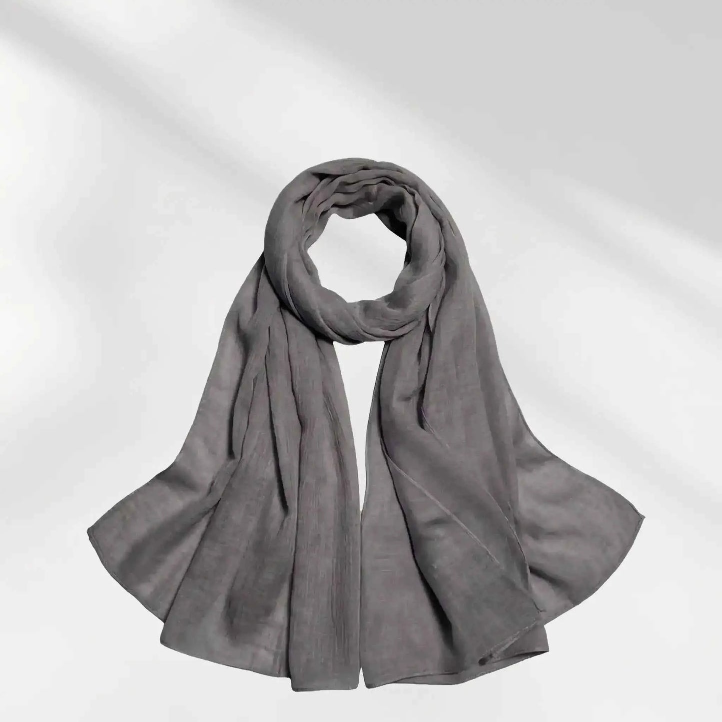 Mauve grey modal hijab scarf styled to show the lightweight drape and finished edge
