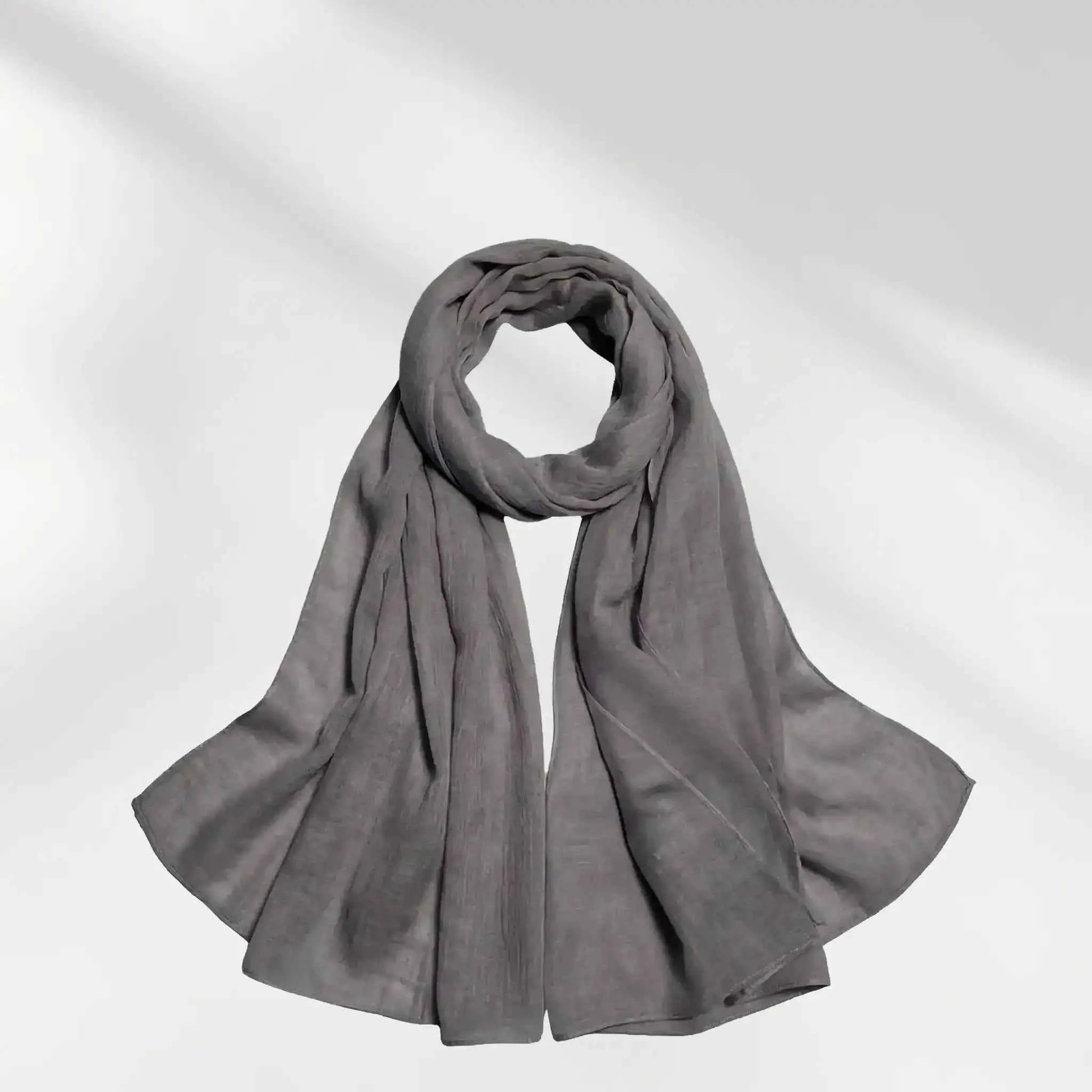 Mauve grey modal hijab scarf styled to show the lightweight drape and finished edge
