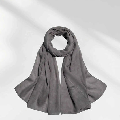Mauve grey modal hijab scarf styled to show the lightweight drape and finished edge