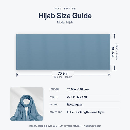 Modal hijab size guide: 70.9 x 27.6 inches (180 x 70 cm), rectangular, full chest-length coverage