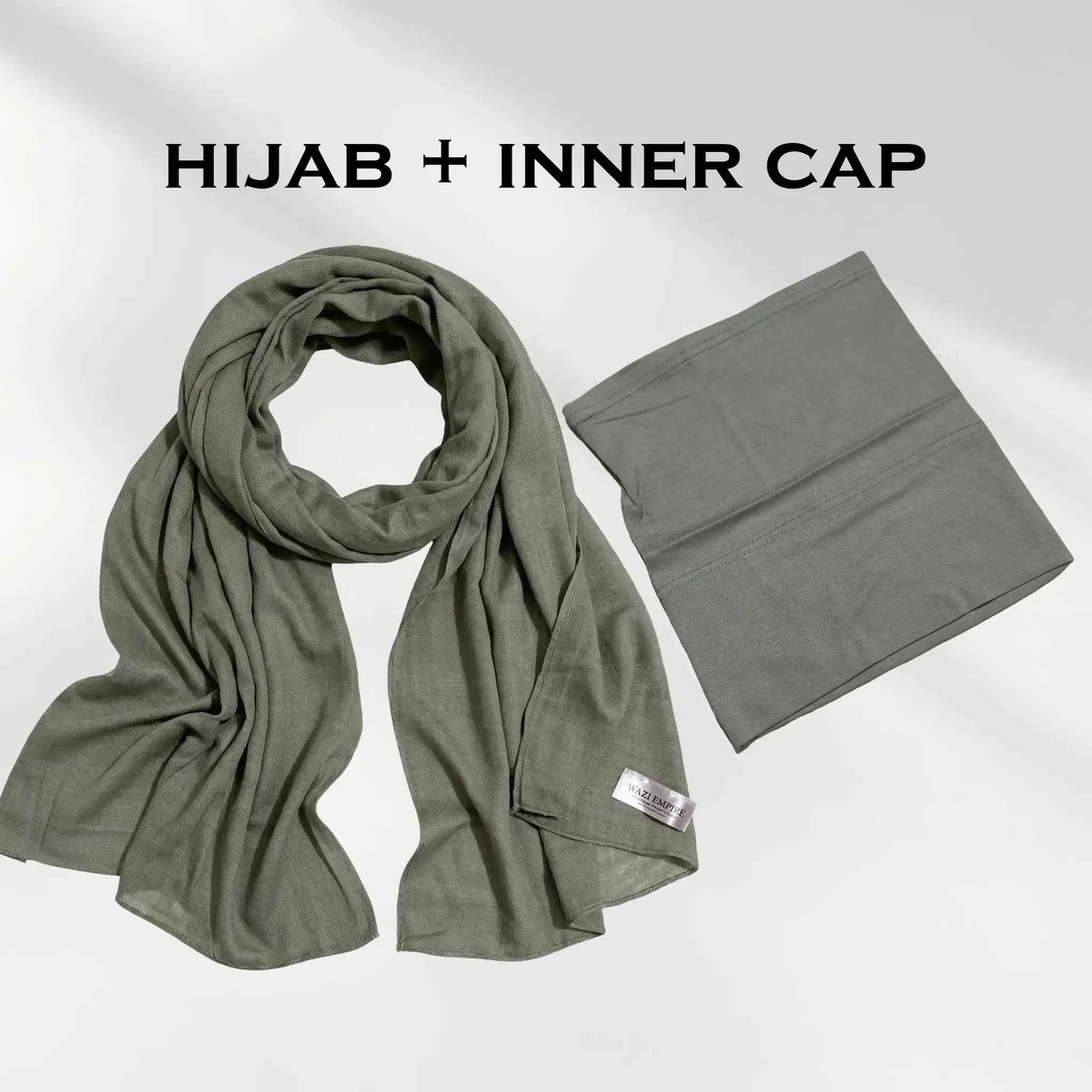Olive green modal hijab and matching hijab cap shown together as a complete set