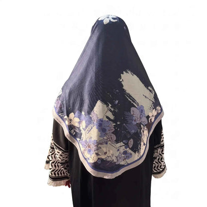 Back view of navy blue floral instant hijab showing the draped panel with periwinkle and ivory watercolor floral border