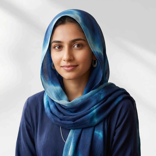 Ocean Glow printed modal hijab in cobalt blue and teal ombre, shown draped