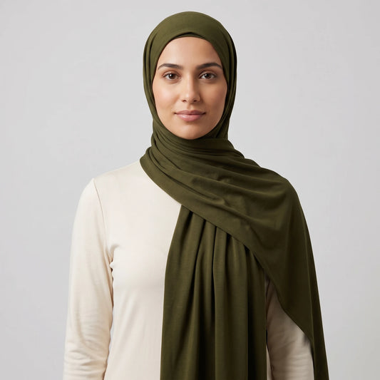 Woman wearing an olive green jersey hijab with a cream top