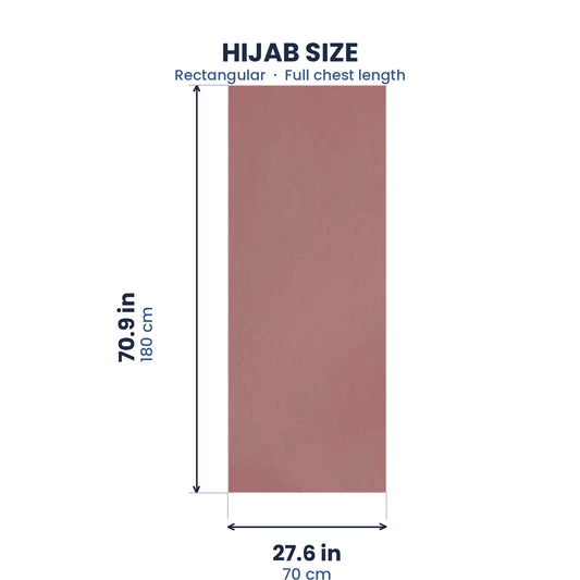 Size guide for the dusty rose pink chiffon hijab, 70.9 by 27.6 inches