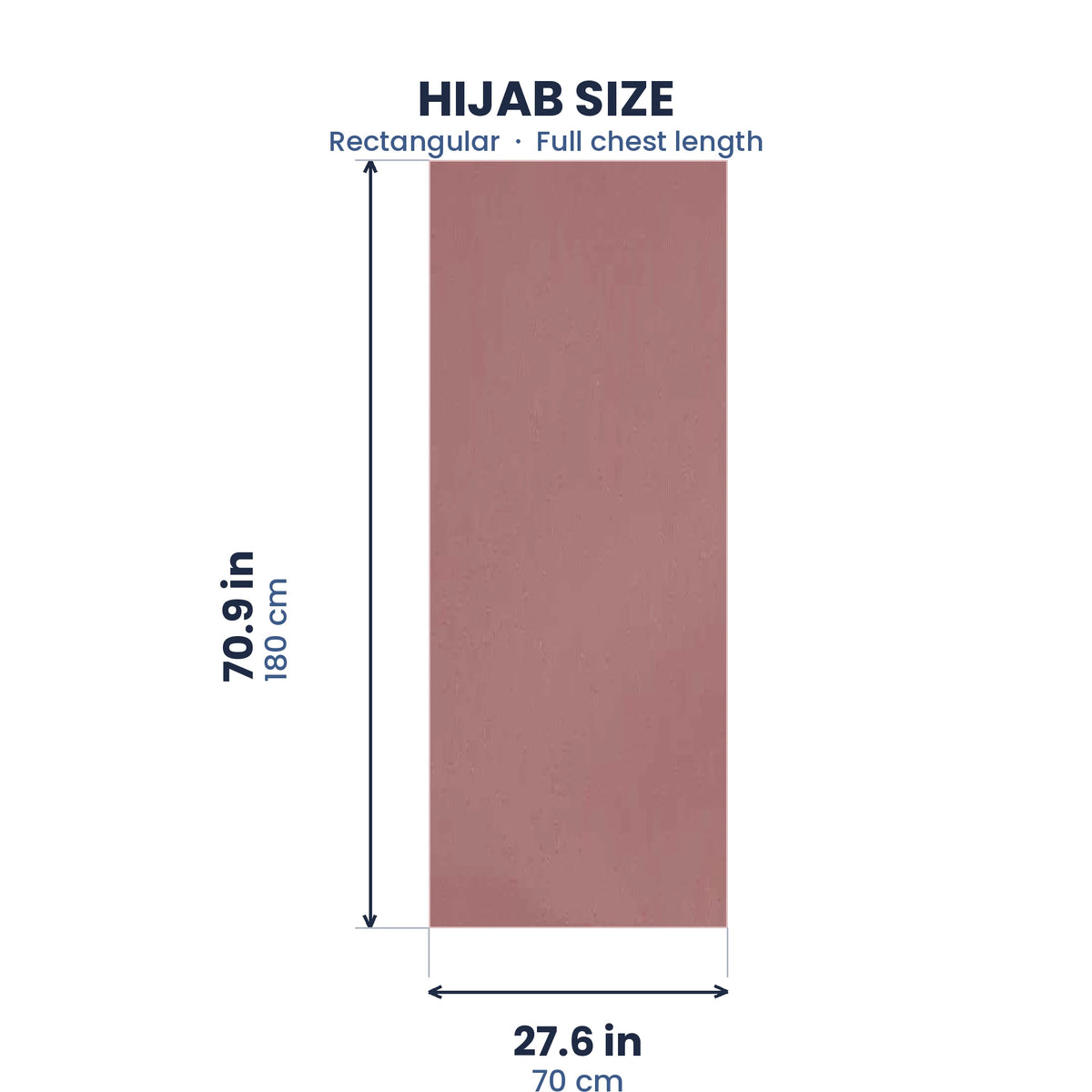 Size guide for the dusty rose pink chiffon hijab, 70.9 by 27.6 inches