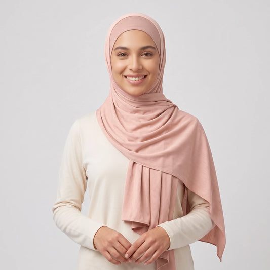 Woman wearing a light pink jersey hijab over a dusty pink hijab cap
