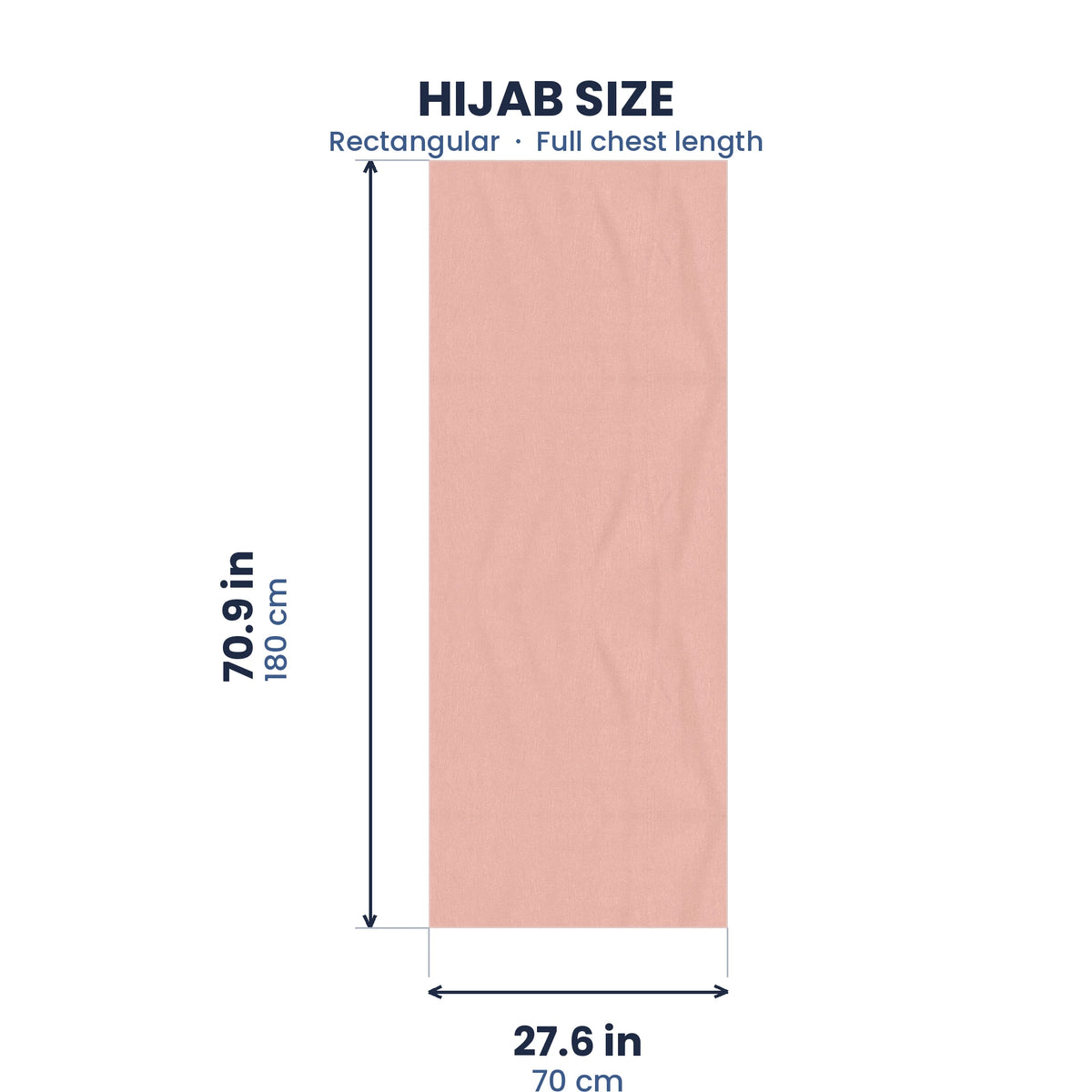 Size guide for the pink jersey hijab, 70.9 by 27.6 inches