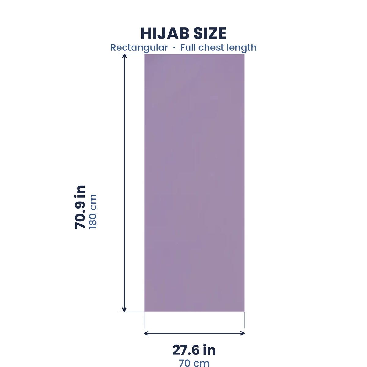 Size guide for the purple chiffon hijab, 70.9 by 27.6 inches