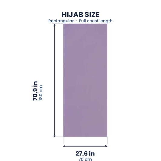 Size guide for the purple chiffon hijab, 70.9 by 27.6 inches