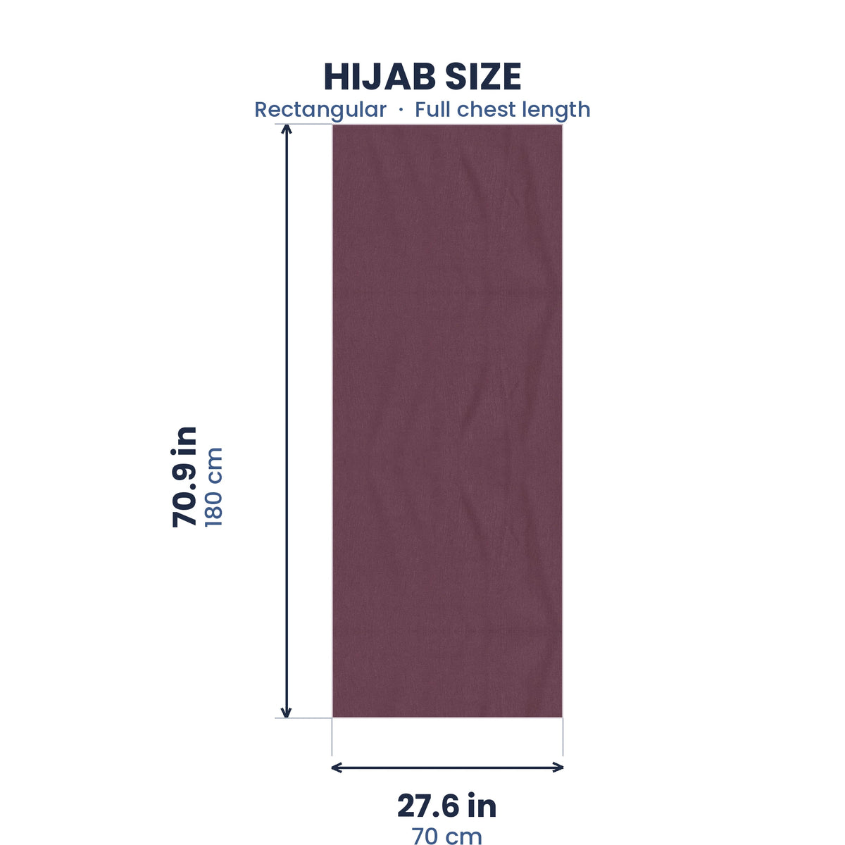Size guide for the purple jersey hijab, 70.9 by 27.6 inches