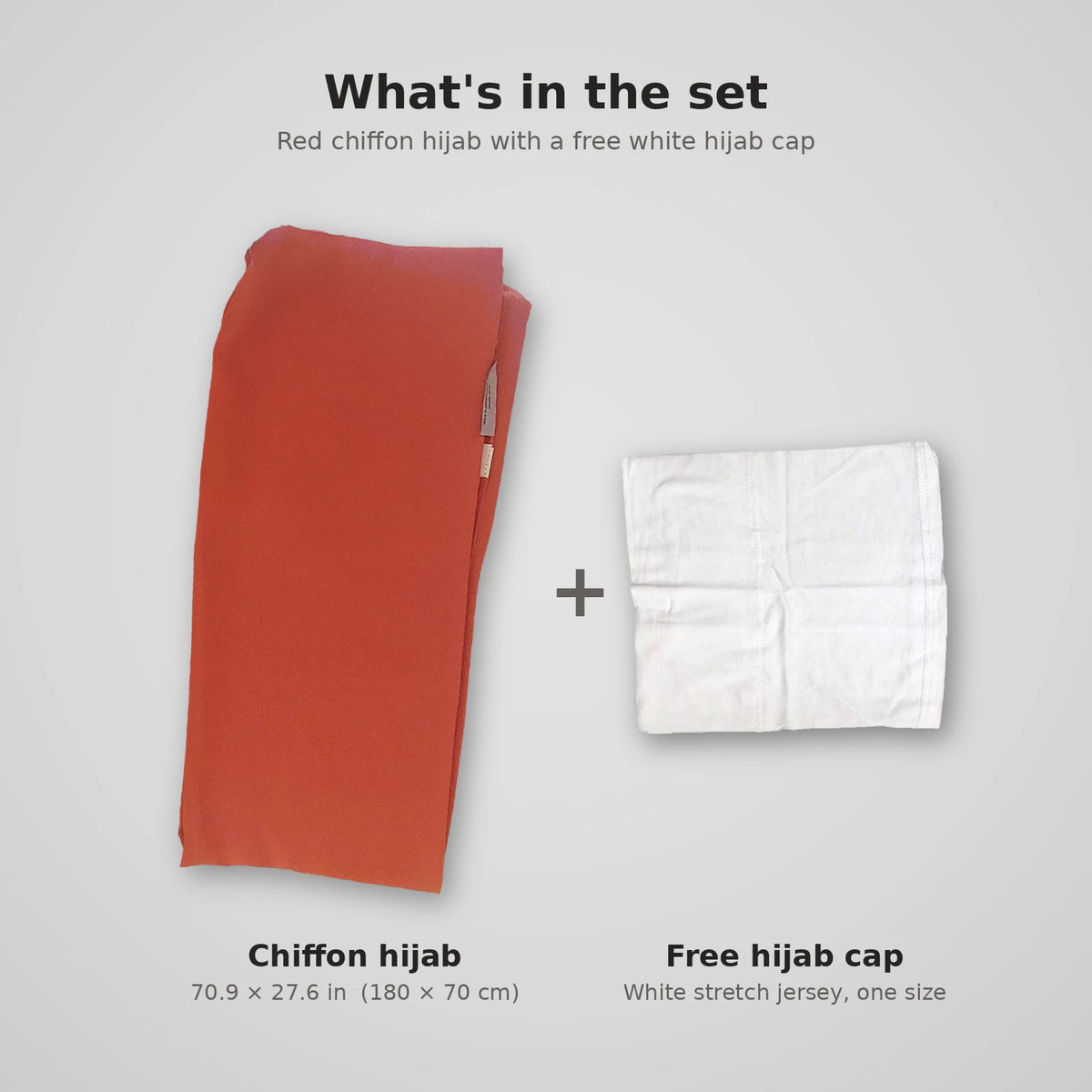 Red chiffon hijab with the free white jersey hijab cap included in the set
