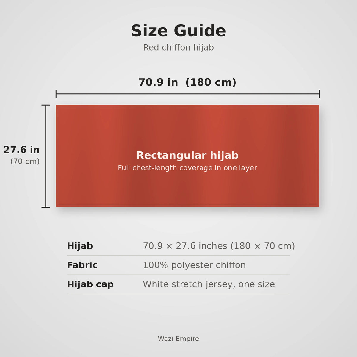Size guide for the red chiffon hijab, 70.9 by 27.6 inches