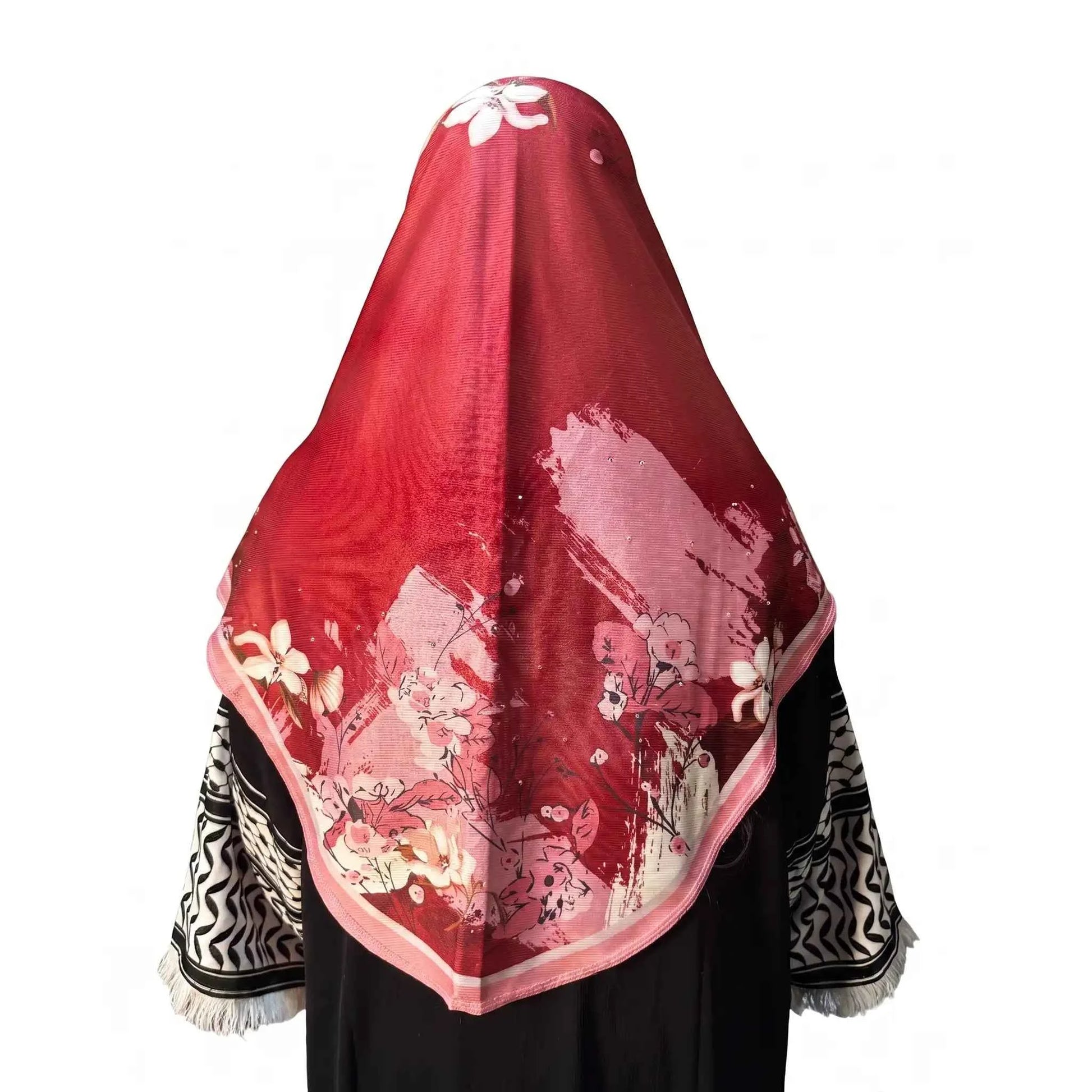 Back view of red floral instant hijab showing the square draped panel with blush pink and ivory watercolor floral border.