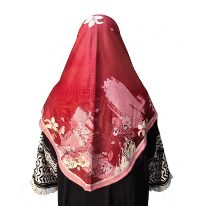 Back view of red floral instant hijab showing the square draped panel with blush pink and ivory watercolor floral border.