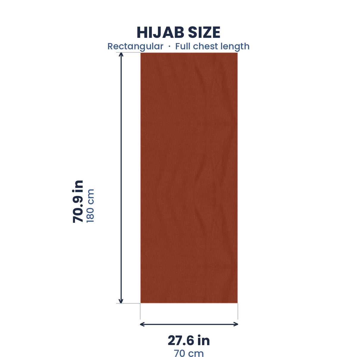 Size guide for the red jersey hijab, 70.9 by 27.6 inches