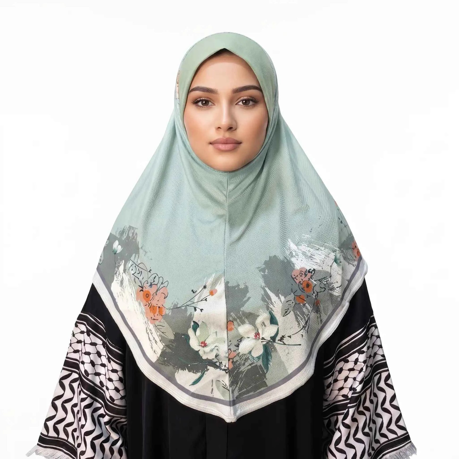 Sage green floral instant hijab with watercolor flower print by Wazi Empire