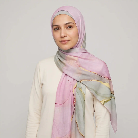 Woman wearing a watercolor hijab in light pink printed modal